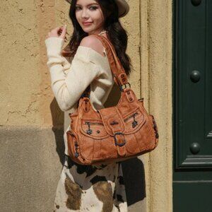 Angel Kiss Vintage Brown Retro Fashion Multi-Compartment Large Capacity Hobo Bag